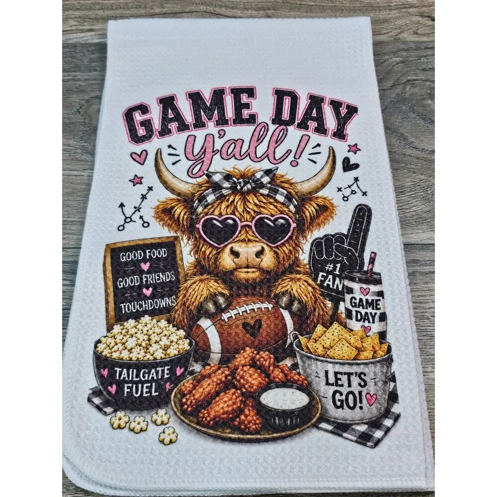 Highland Cow Game Day Y'all Kitchen Towel Football Tailgate Sports Gift